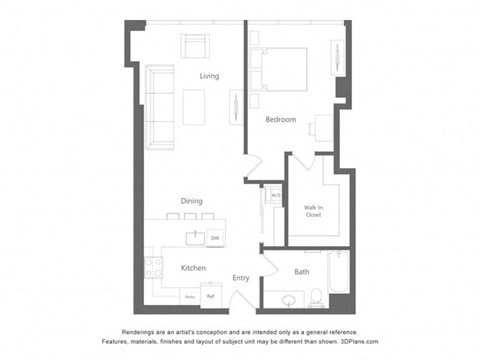 Floor plan for 1 bed, 1 bath, 945 sqft